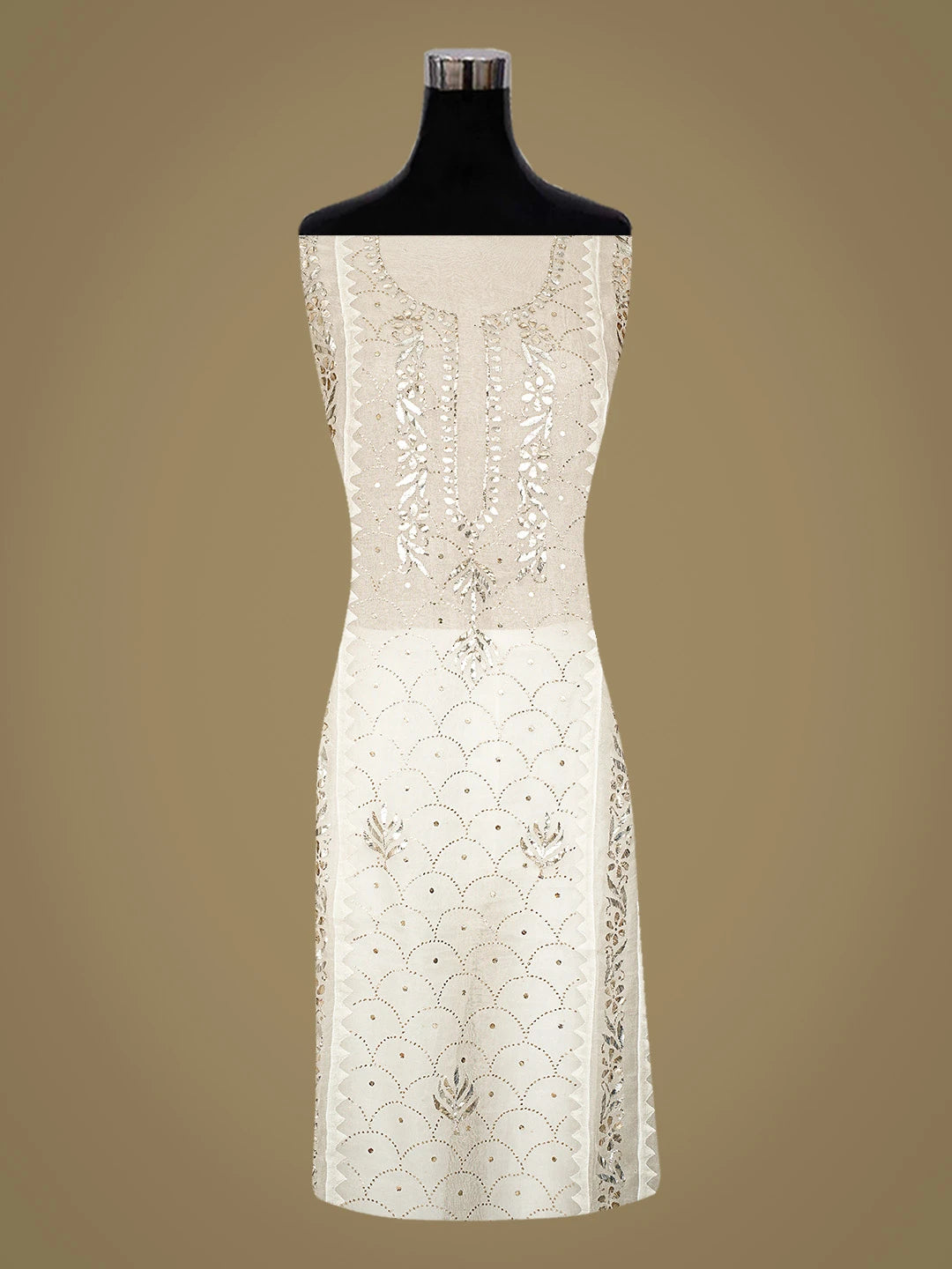 Ada Hand Embroidered White Organza Lucknowi Chikankari Unstitched Kurta Dupatta Set With Mukaish Work 01A723493