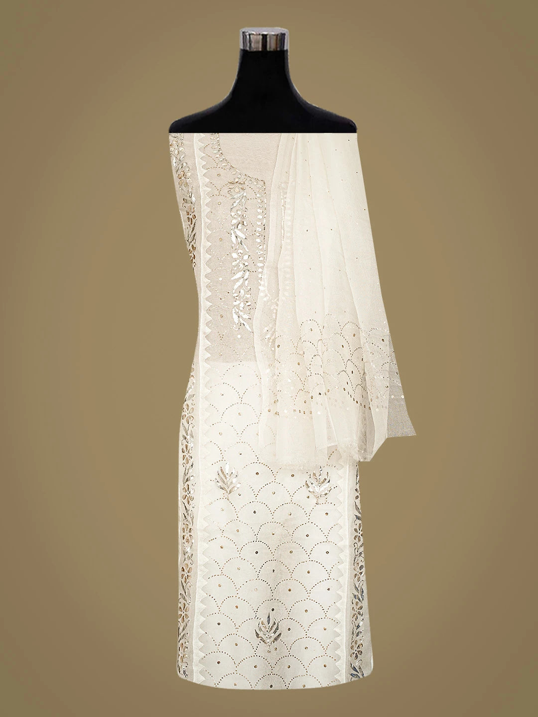 Ada Hand Embroidered White Organza Lucknowi Chikankari Unstitched Kurta Dupatta Set With Mukaish Work 01A723493