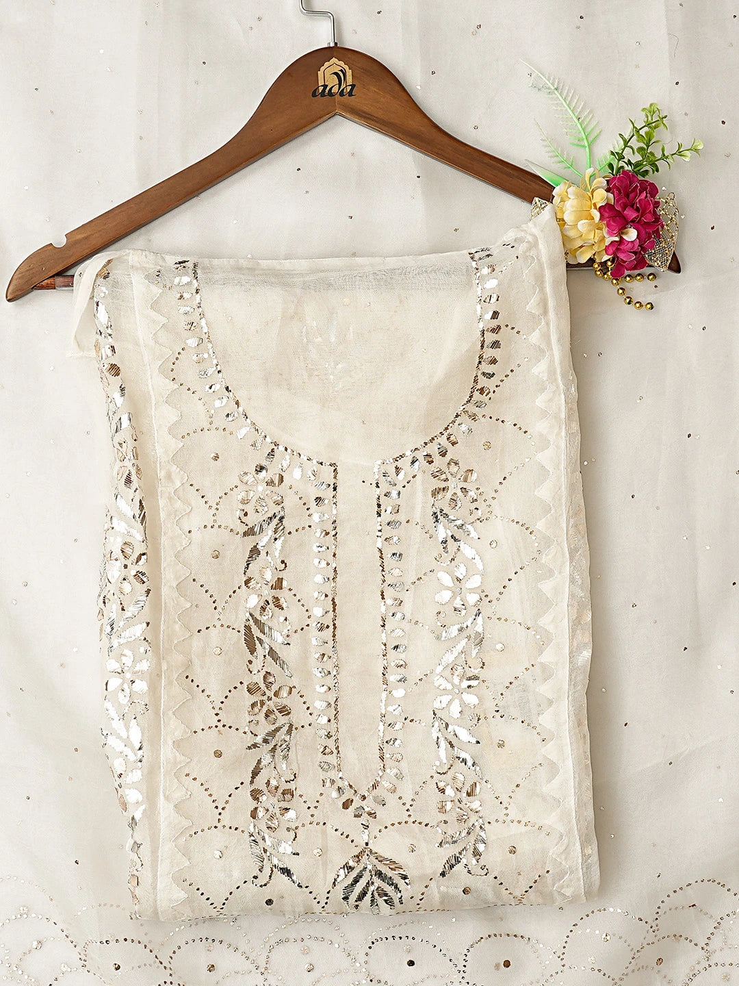 Ada Hand Embroidered White Organza Lucknowi Chikankari Unstitched Kurta Dupatta Set With Mukaish Work 01A723493
