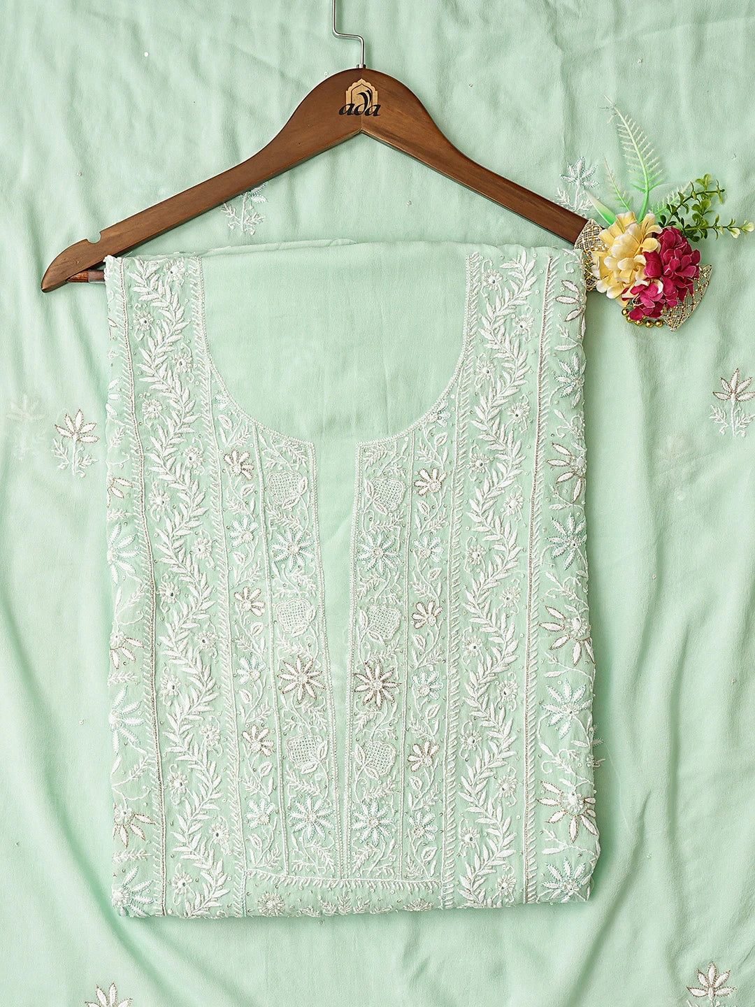 Ada Hand Embroidered Sea Green Pure Georgette Lucknowi Chikankari Unstitched Kurta Dupatta Set With Cutdana Work 01A741630