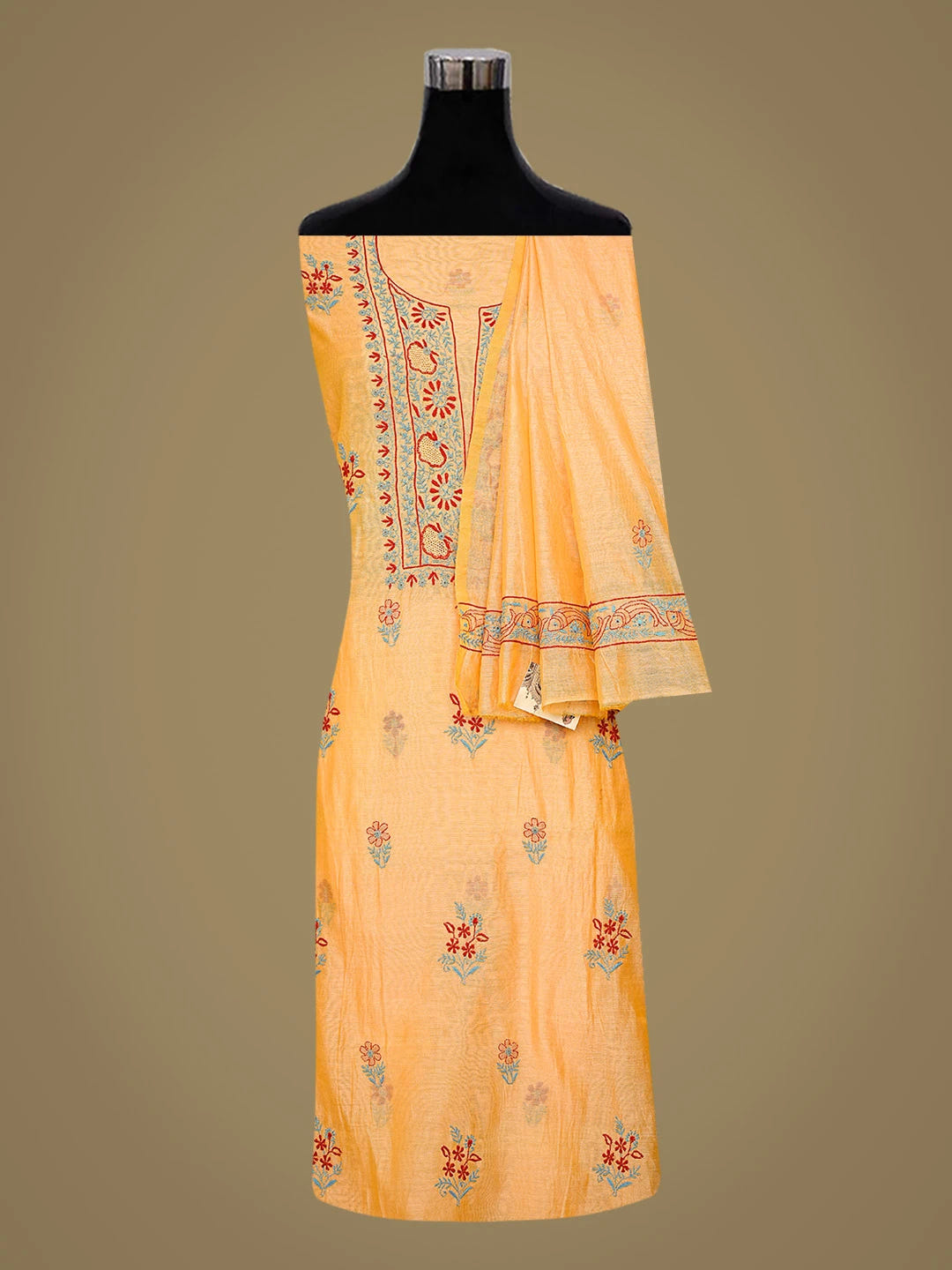 Ada Hand Embroidered Fire Yellow Chanderi Lucknowi Chikankari Unstitched Kurta Dupatta Set 01A334093