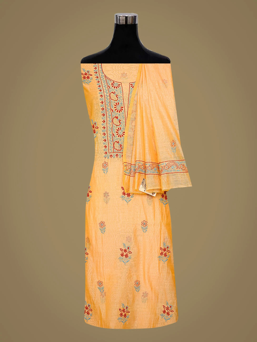 Ada Hand Embroidered Fire Yellow Chanderi Lucknowi Chikankari Unstitched Kurta Dupatta Set 01A334093