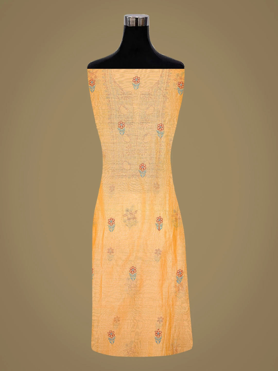 Ada Hand Embroidered Fire Yellow Chanderi Lucknowi Chikankari Unstitched Kurta Dupatta Set 01A334093