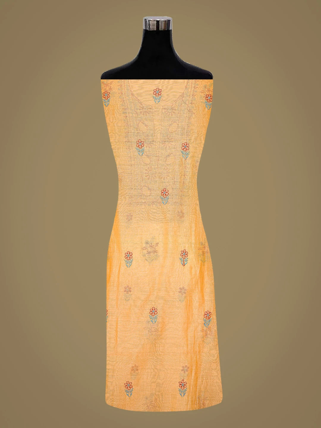 Ada Hand Embroidered Fire Yellow Chanderi Lucknowi Chikankari Unstitched Kurta Dupatta Set 01A334093
