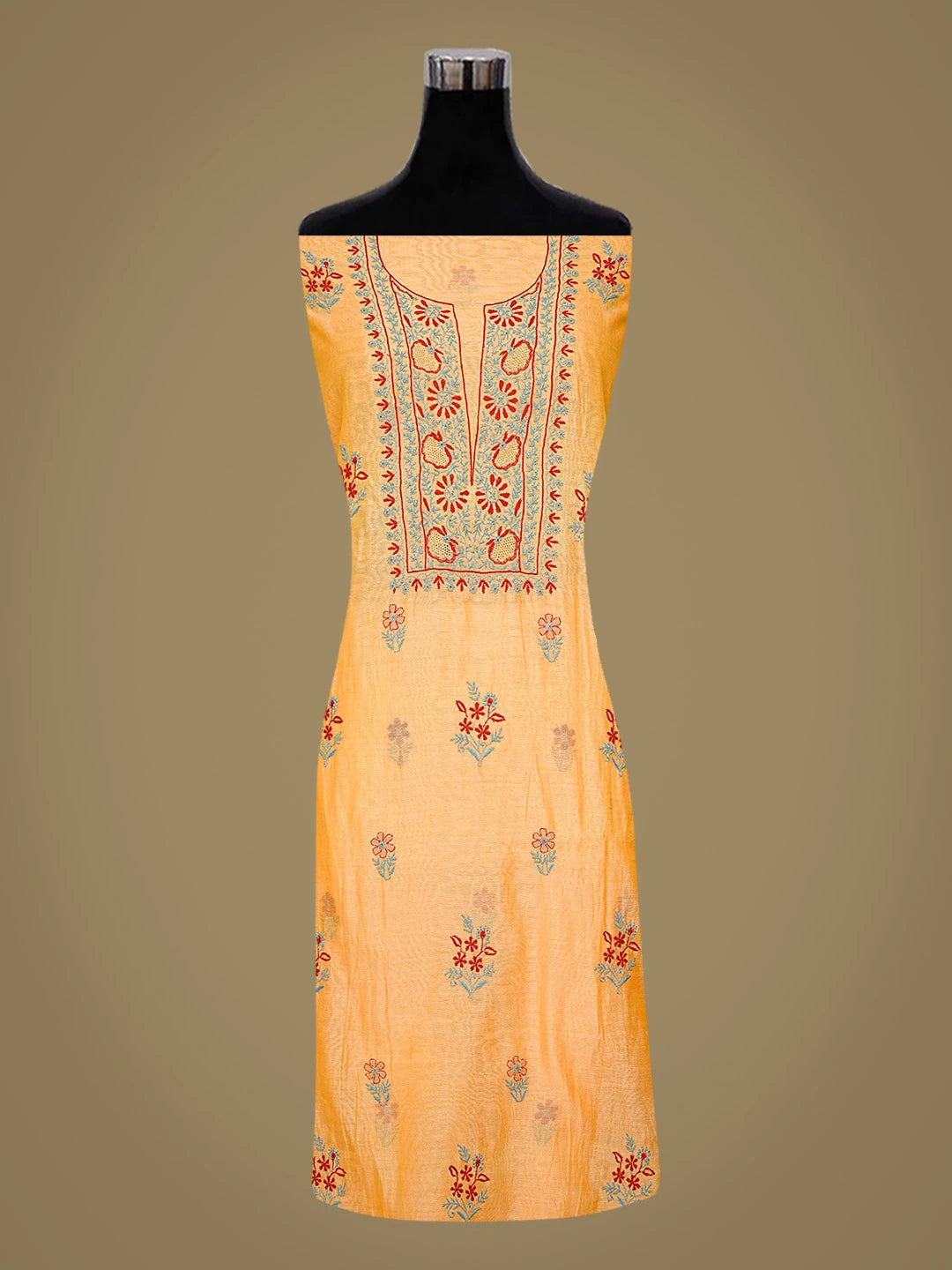 Ada Hand Embroidered Fire Yellow Chanderi Lucknowi Chikankari Unstitched Kurta Dupatta Set 01A334093