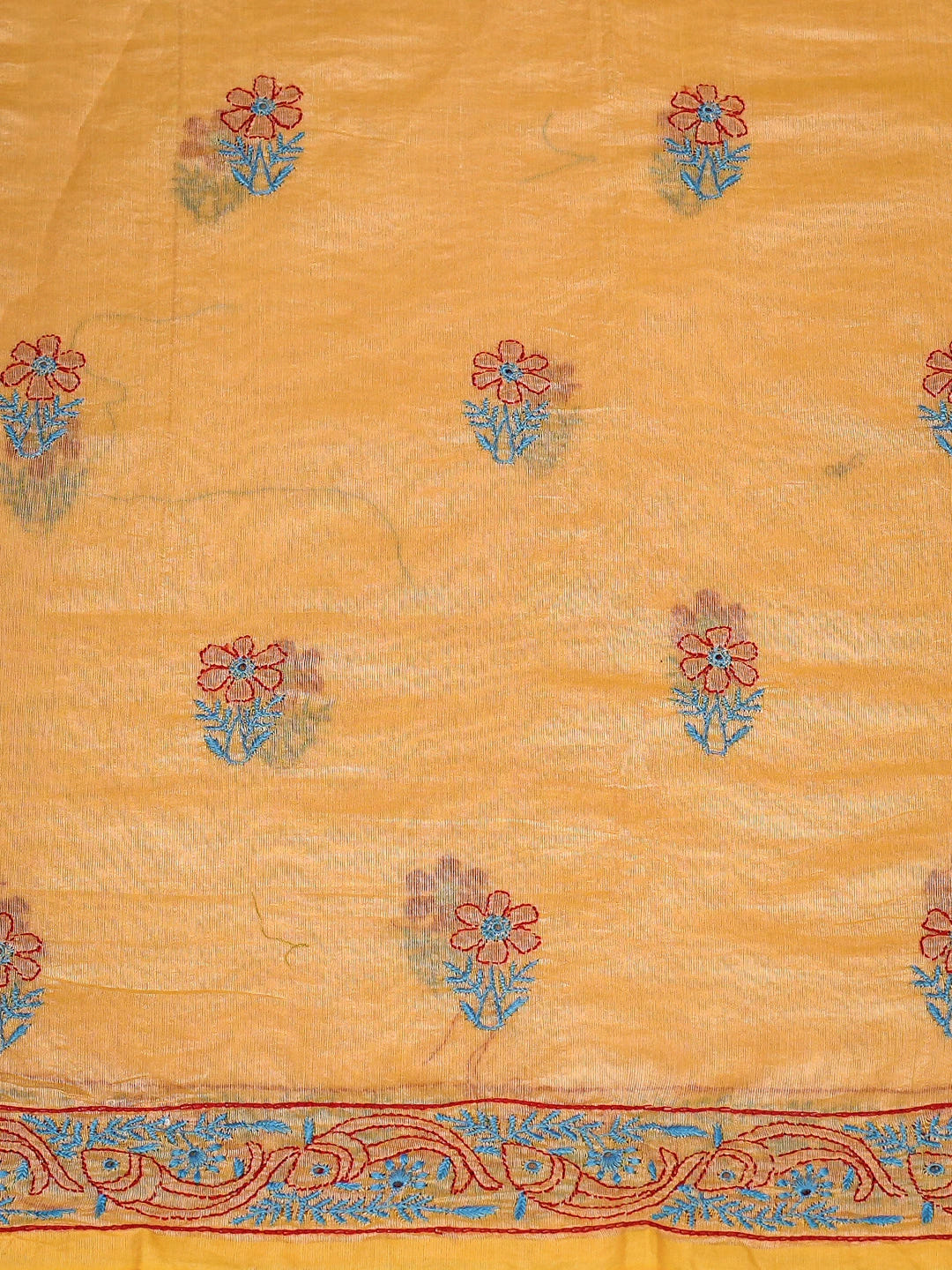 Ada Hand Embroidered Fire Yellow Chanderi Lucknowi Chikankari Unstitched Kurta Dupatta Set 01A334093