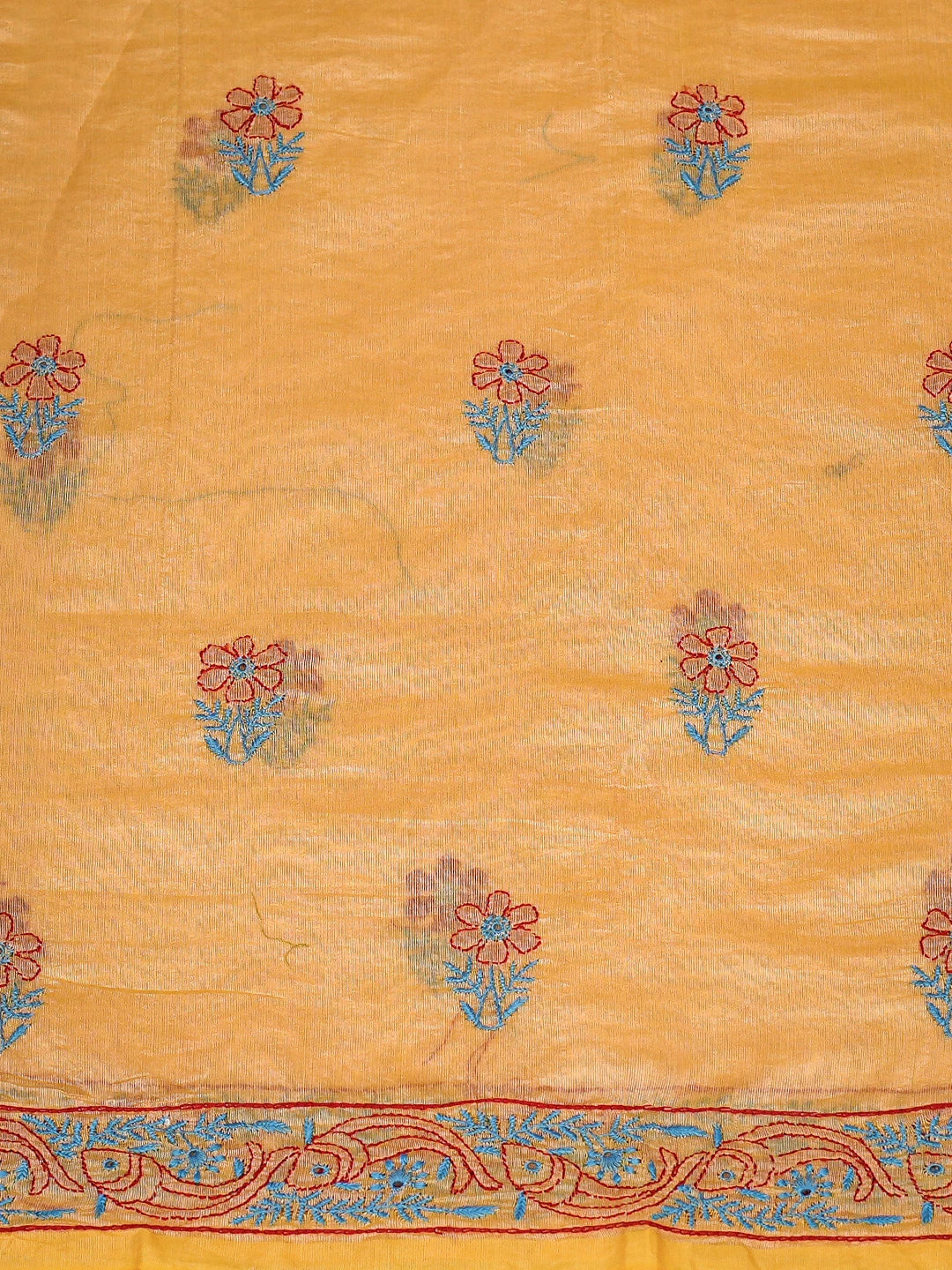Ada Hand Embroidered Fire Yellow Chanderi Lucknowi Chikankari Unstitched Kurta Dupatta Set 01A334093