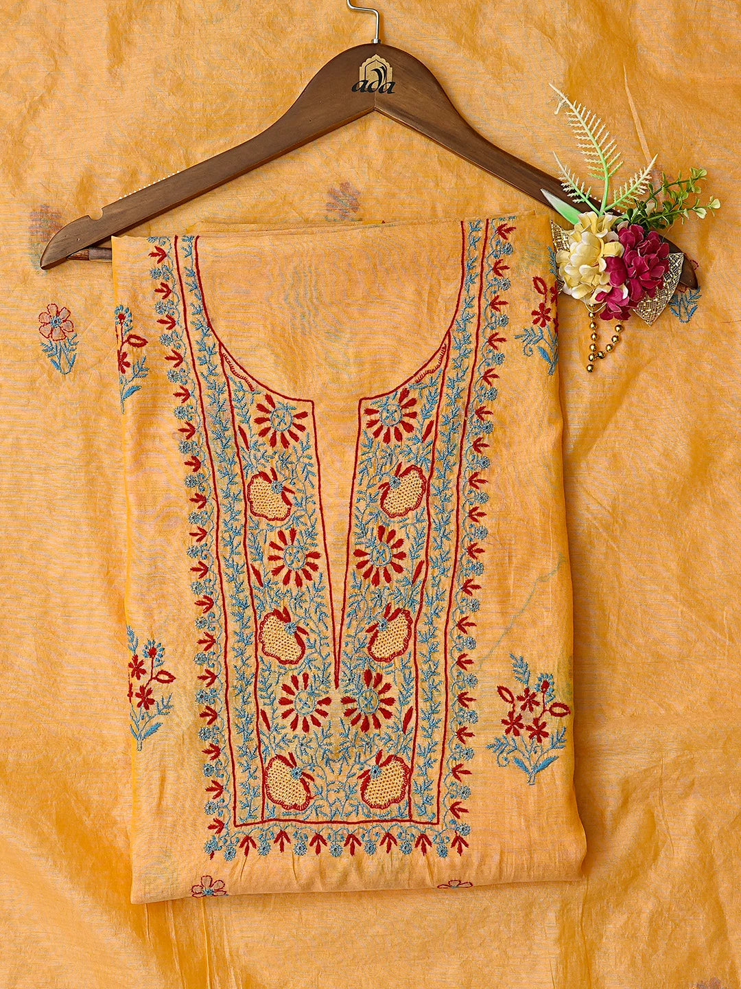 Ada Hand Embroidered Fire Yellow Chanderi Lucknowi Chikankari Unstitched Kurta Dupatta Set 01A334093