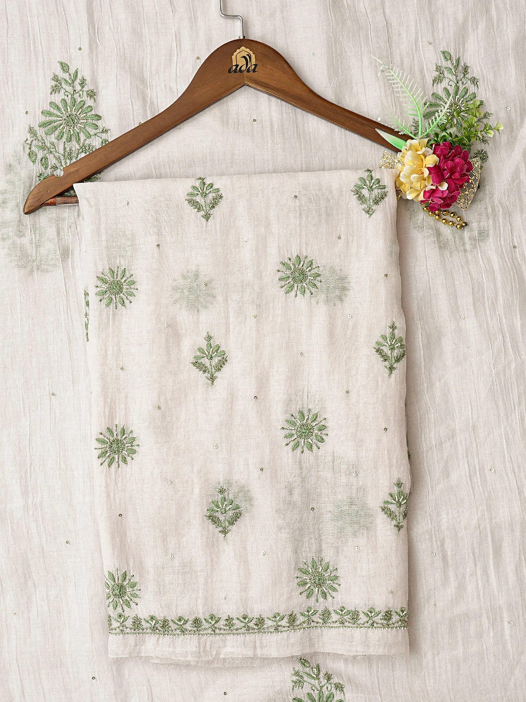 Ada Hand Embroidered Seashell Pink Chanderi Lucknowi Chikankari Unstitched Kurta Dupatta Set With Cutdana Work 01A643328