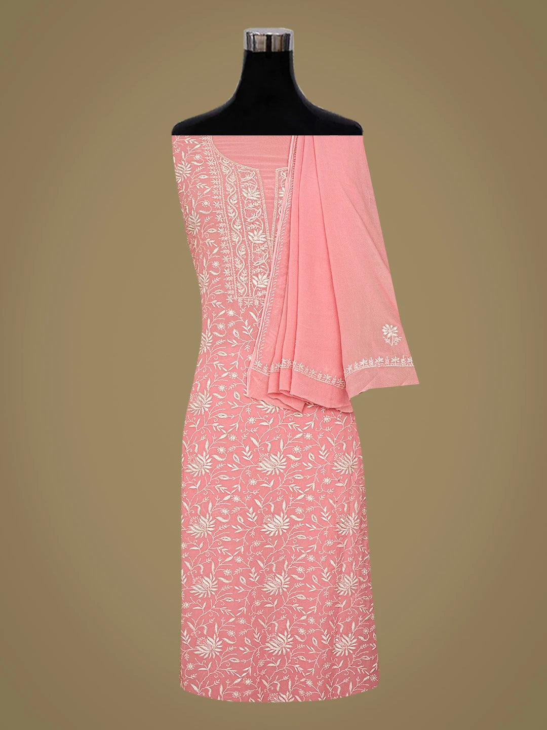 Ada Hand Embroidered Pink Viscose Georgette Lucknowi Chikankari Unstitched Kurta Dupatta Set With Cutdana Work 01A741706