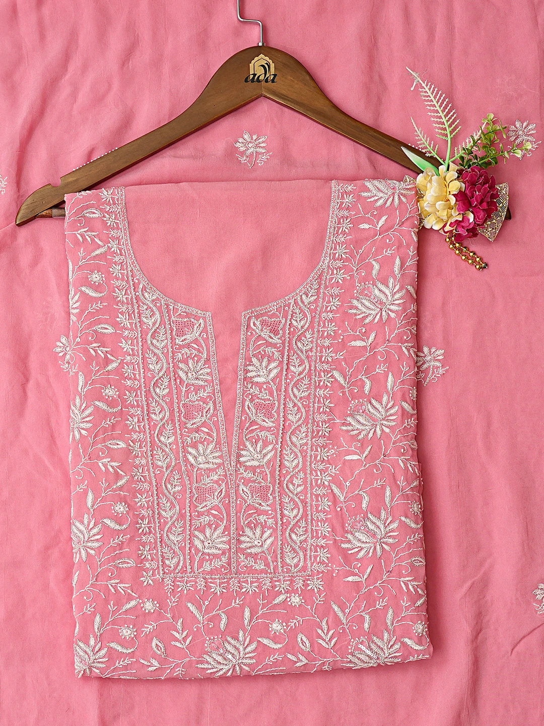 Ada Hand Embroidered Pink Viscose Georgette Lucknowi Chikankari Unstitched Kurta Dupatta Set With Cutdana Work 01A741706