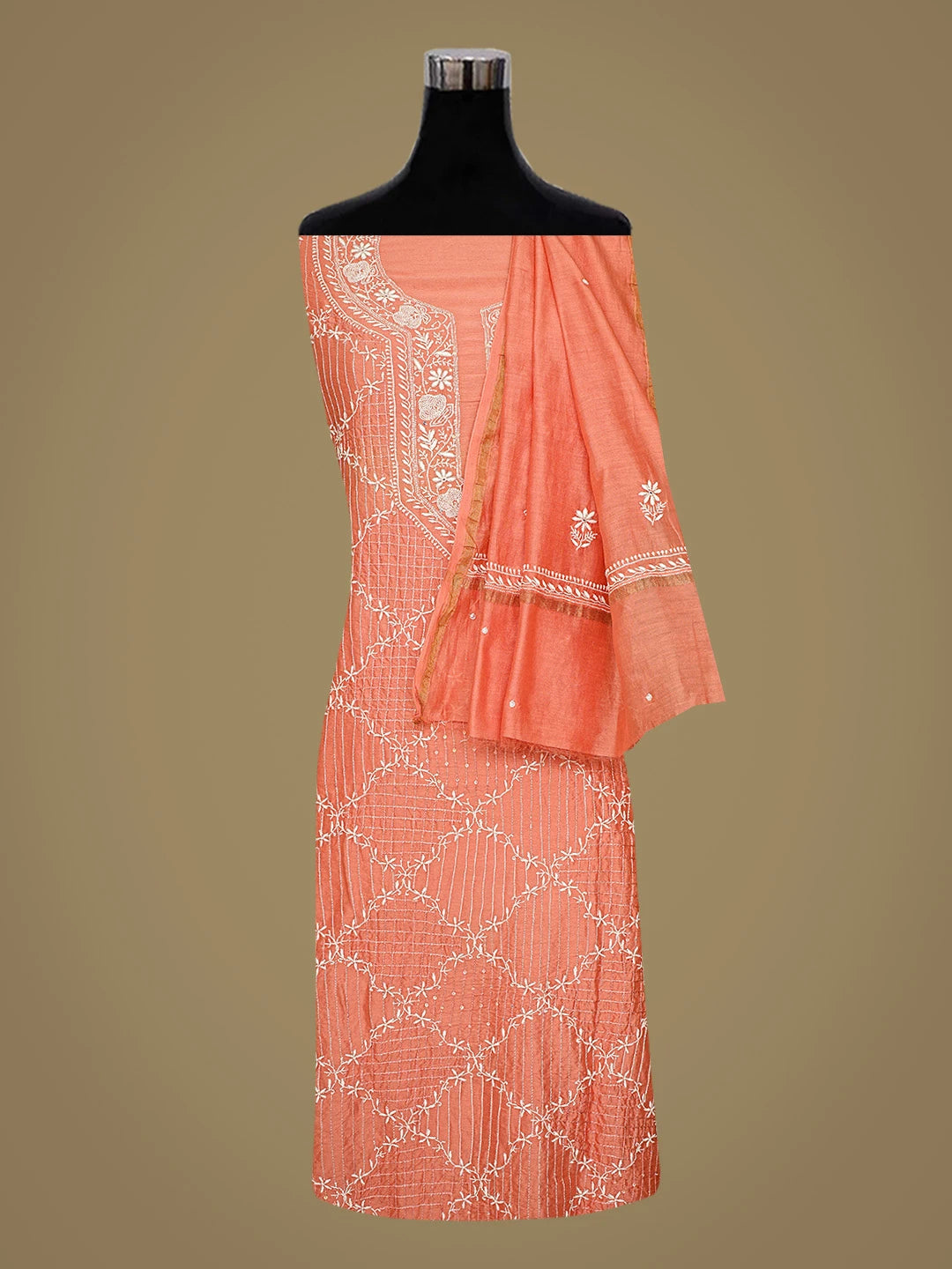Ada Hand Embroidered Brick Red Chanderi Lucknowi Chikankari Unstitched Kurta Dupatta Set With Cutdana Work 01A821898
