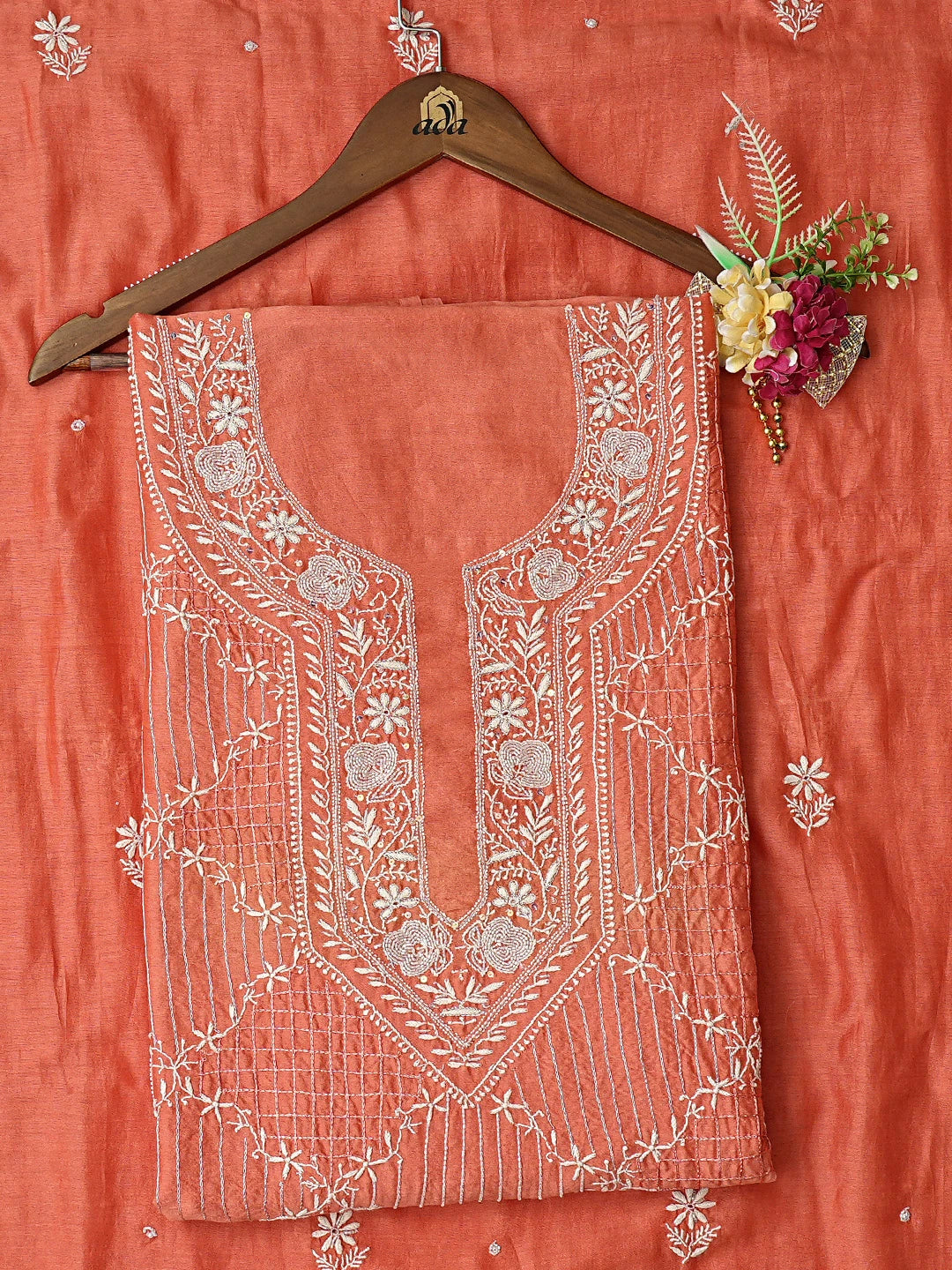 Ada Hand Embroidered Brick Red Chanderi Lucknowi Chikankari Unstitched Kurta Dupatta Set With Cutdana Work 01A821898