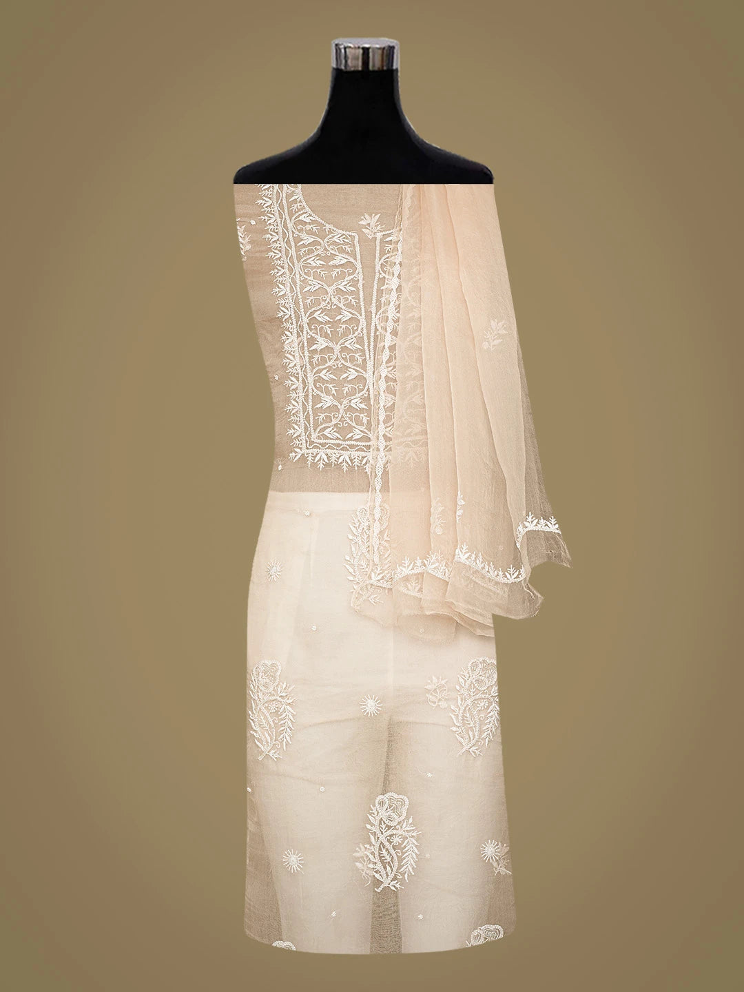 Ada Hand Embroidered Peach Organza Lucknowi Chikankari Unstitched Kurta Dupatta Set With Cutdana Work 01A778705