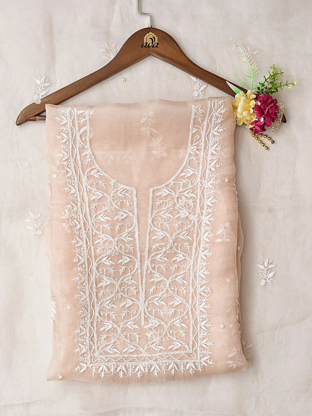 Ada Hand Embroidered Peach Organza Lucknowi Chikankari Unstitched Kurta Dupatta Set With Cutdana Work 01A778705