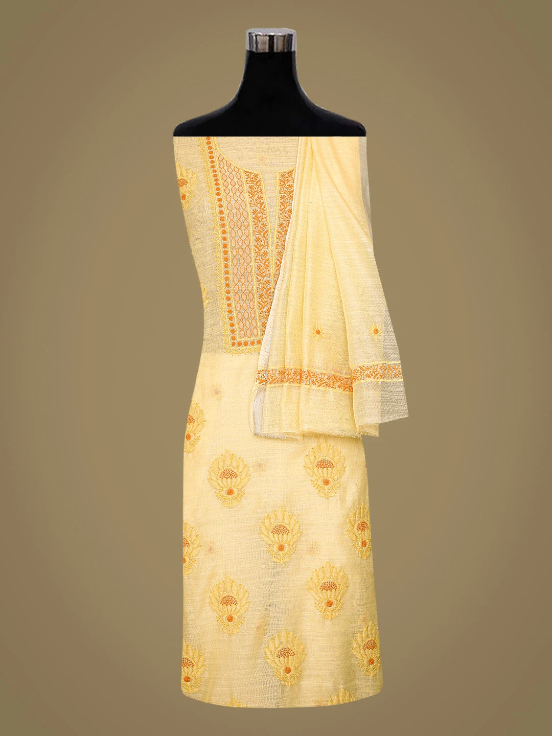 Ada Hand Embroidered Yellow Chanderi Lucknowi Chikankari Unstitched Kurta Dupatta Set 01A350785