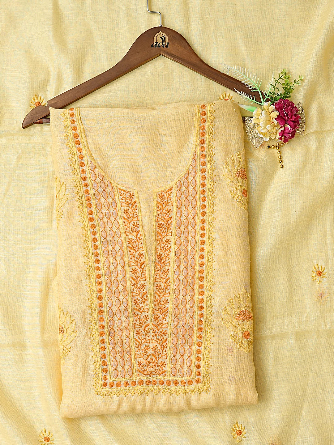 Ada Hand Embroidered Yellow Chanderi Lucknowi Chikankari Unstitched Kurta Dupatta Set 01A350785