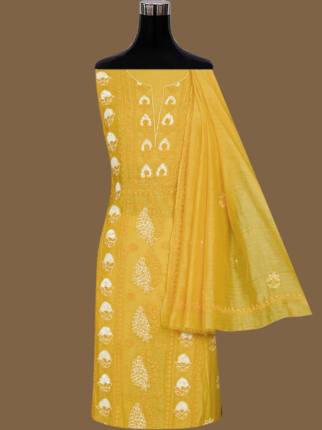 Ada Hand Embroidered Gold Yellow Chanderi Lucknowi Chikankari Unstitched Kurta Dupatta Set With Cutdana Work 01A622276