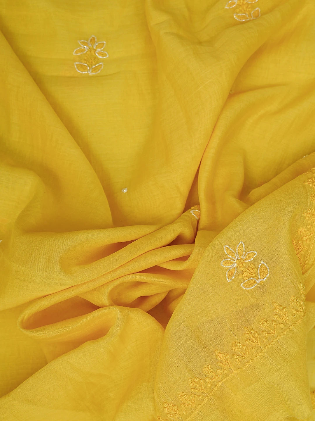 Ada Hand Embroidered Gold Yellow Chanderi Lucknowi Chikankari Unstitched Kurta Dupatta Set With Cutdana Work 01A622276
