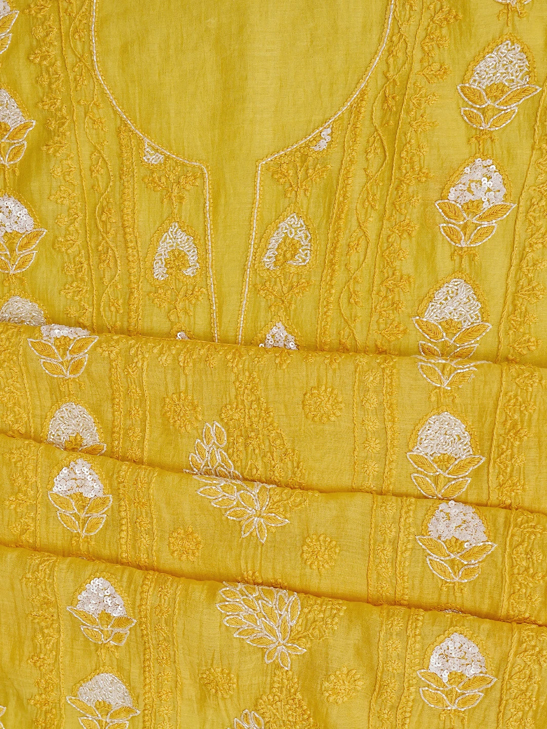 Ada Hand Embroidered Gold Yellow Chanderi Lucknowi Chikankari Unstitched Kurta Dupatta Set With Cutdana Work 01A622276