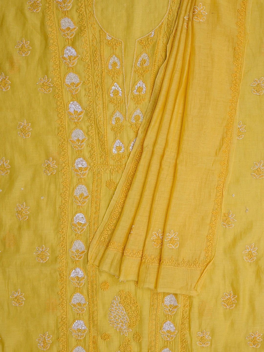Ada Hand Embroidered Gold Yellow Chanderi Lucknowi Chikankari Unstitched Kurta Dupatta Set With Cutdana Work 01A622276
