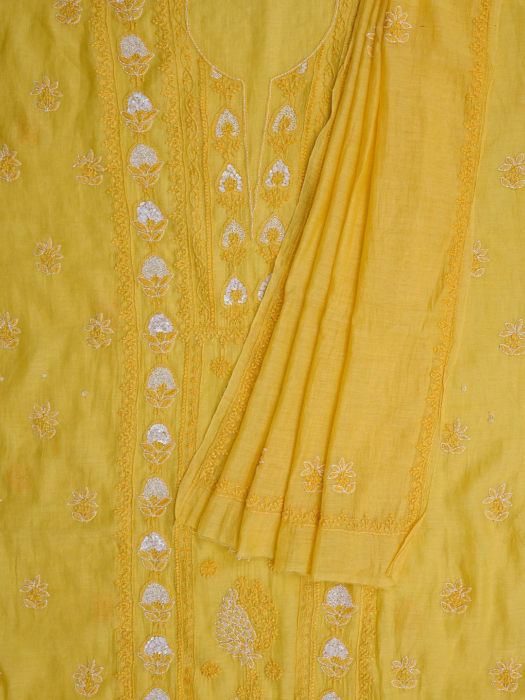 Ada Hand Embroidered Gold Yellow Chanderi Lucknowi Chikankari Unstitched Kurta Dupatta Set With Cutdana Work 01A622276