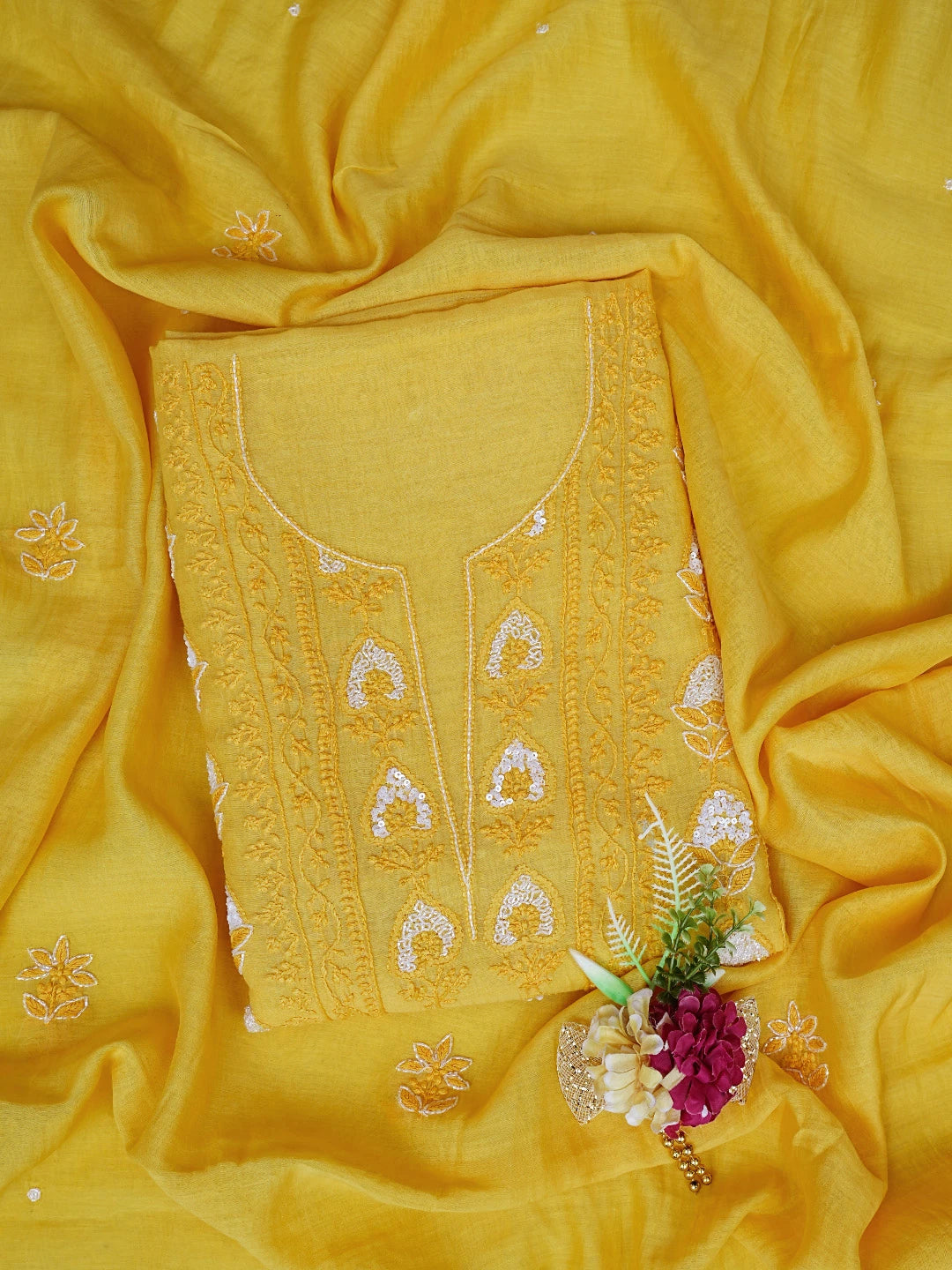 Ada Hand Embroidered Gold Yellow Chanderi Lucknowi Chikankari Unstitched Kurta Dupatta Set With Cutdana Work 01A622276