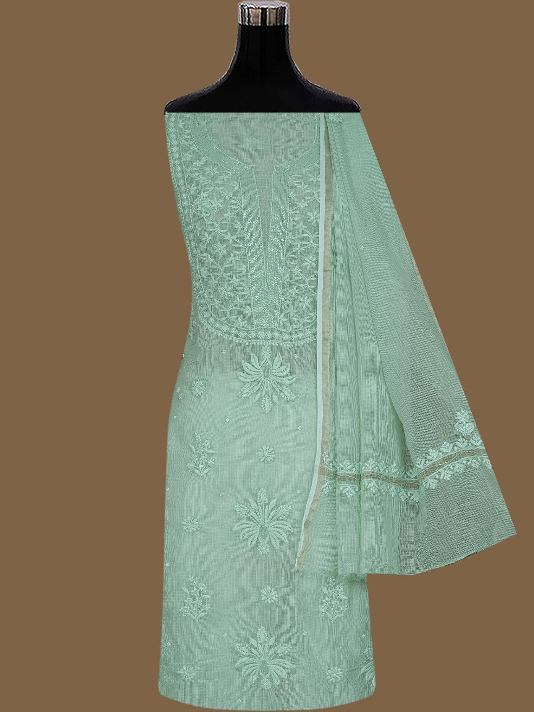 Ada Hand Embroidered Pista Green Kota Lucknowi Chikankari Unstitched Suit Piece With Cutdana Work 01A825285