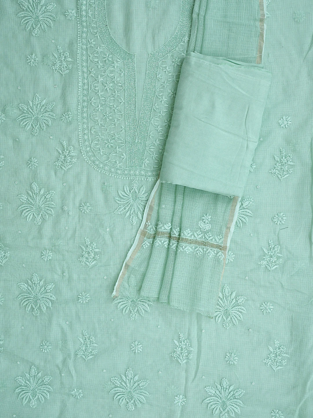 Ada Hand Embroidered Pista Green Kota Lucknowi Chikankari Unstitched Suit Piece With Cutdana Work 01A825285