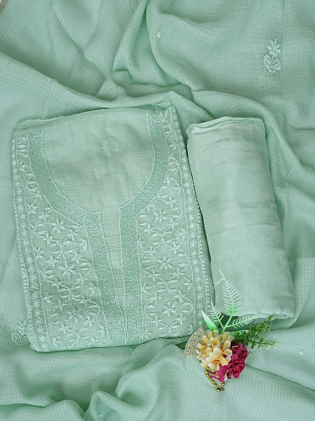 Ada Hand Embroidered Pista Green Kota Lucknowi Chikankari Unstitched Suit Piece With Cutdana Work 01A825285