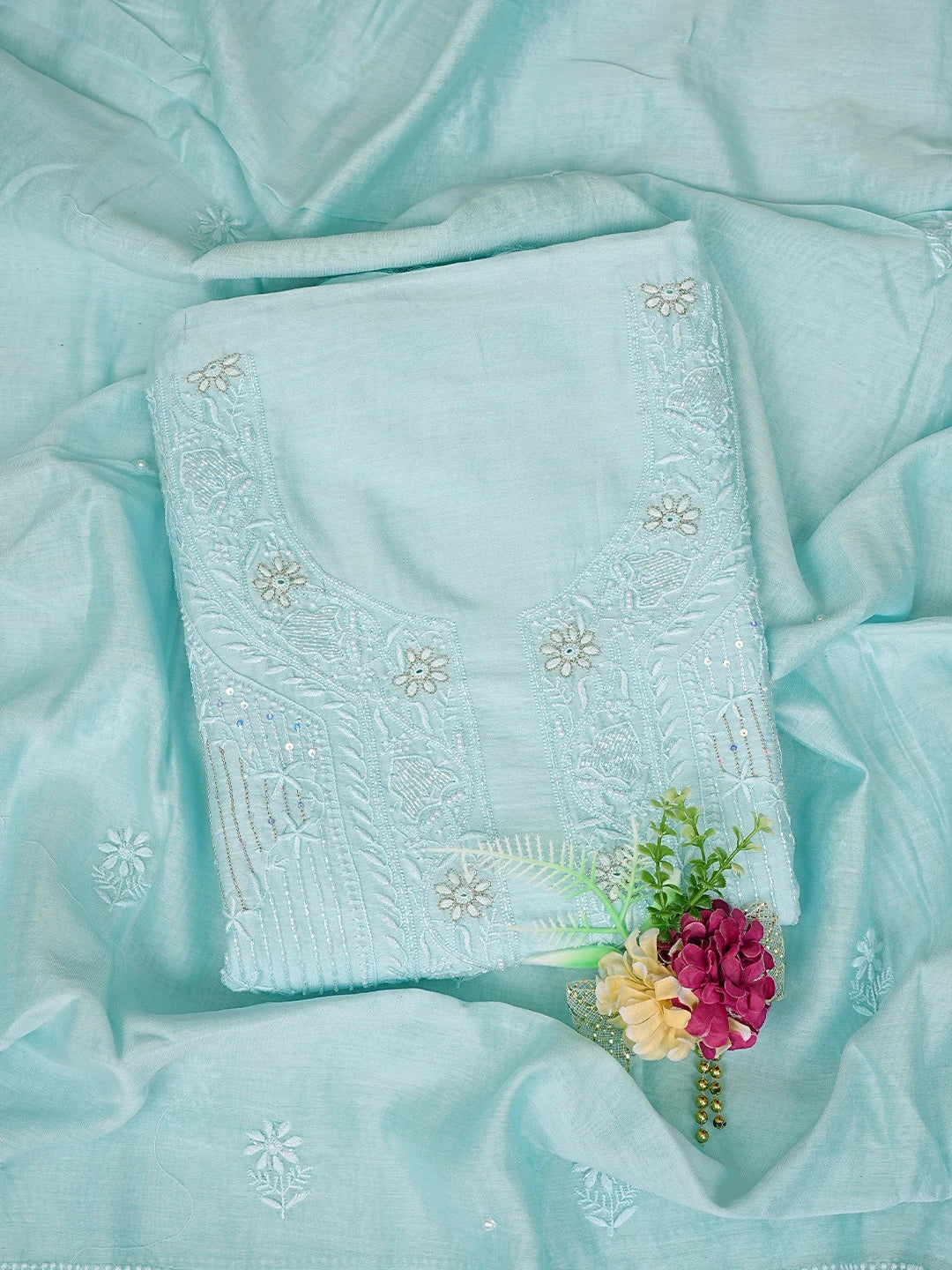Ada Hand Embroidered Sky Blue Chanderi Lucknowi Chikankari Unstitched Kurta Dupatta Set With Cutdana Work 01A821897