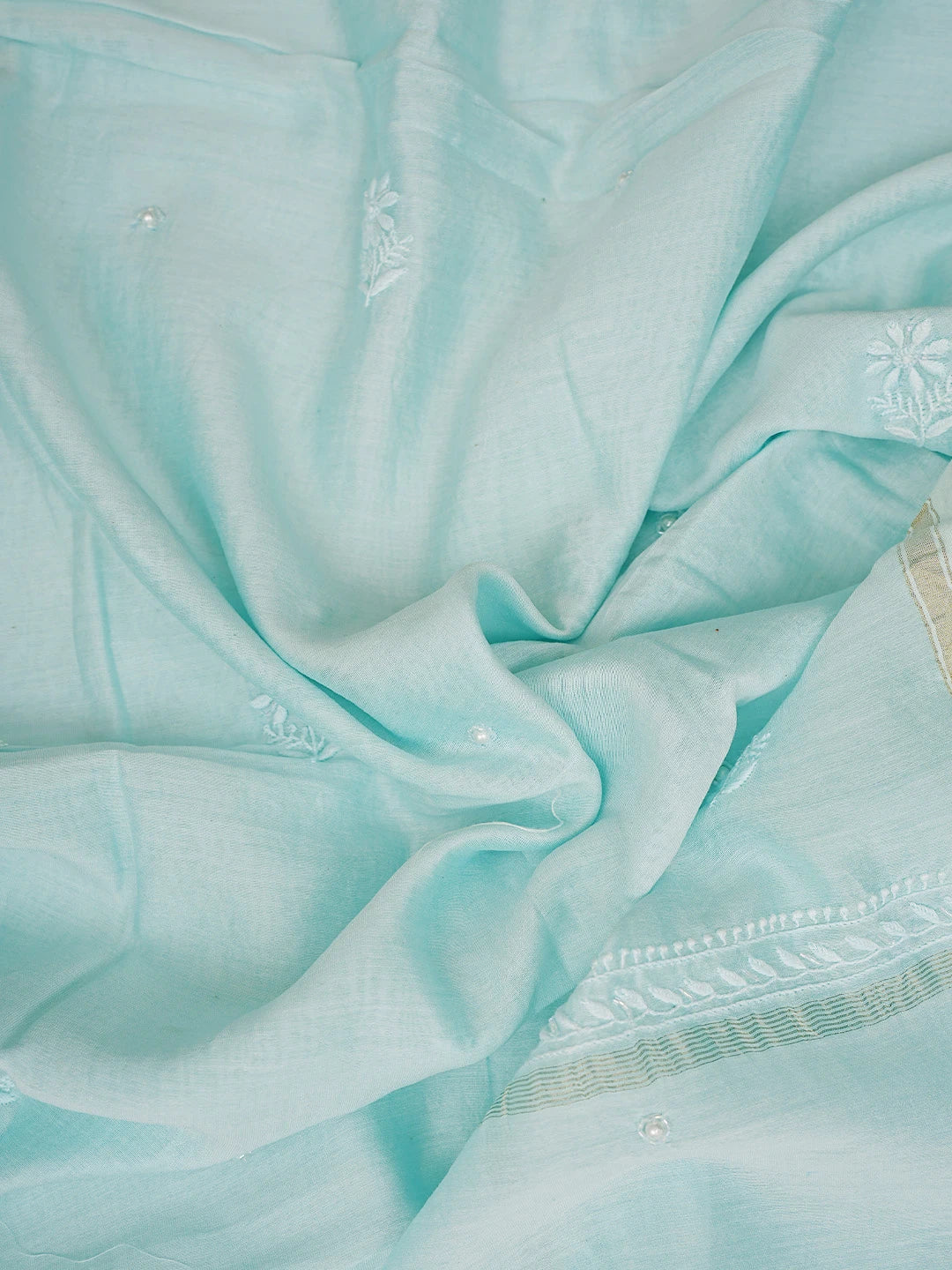 Ada Hand Embroidered Sky Blue Chanderi Lucknowi Chikankari Unstitched Kurta Dupatta Set With Cutdana Work 01A821897