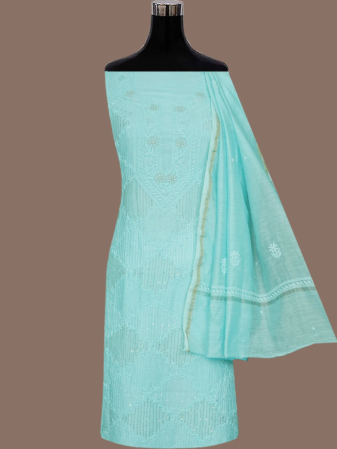 Ada Hand Embroidered Sky Blue Chanderi Lucknowi Chikankari Unstitched Kurta Dupatta Set With Cutdana Work 01A821897