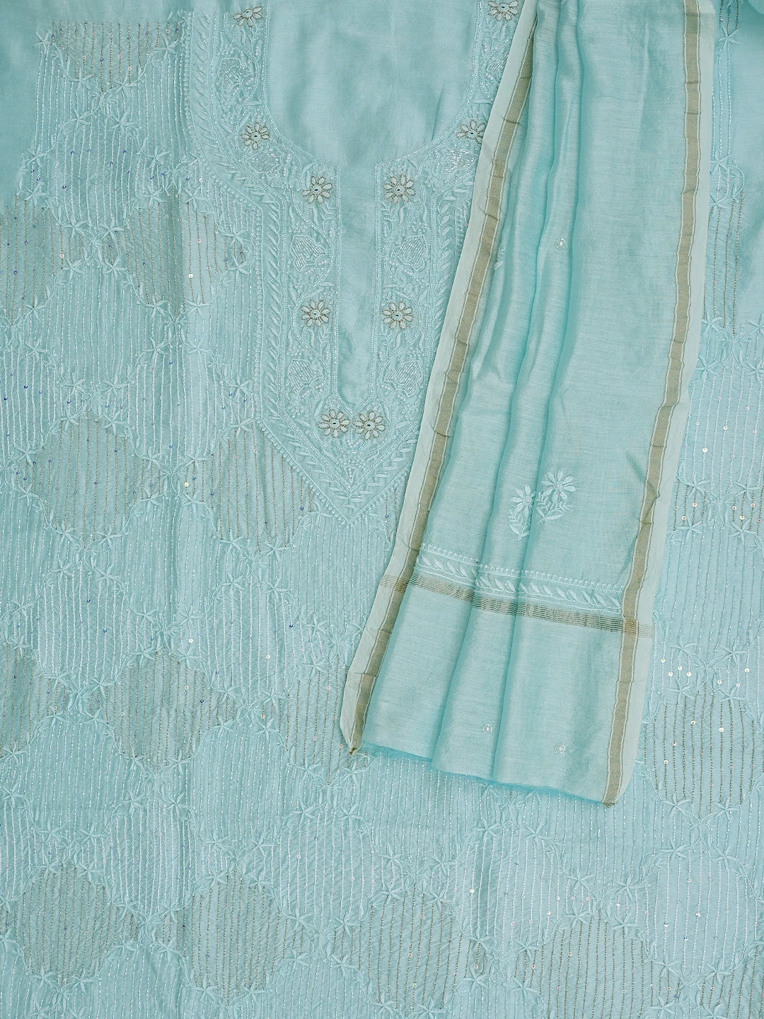 Ada Hand Embroidered Sky Blue Chanderi Lucknowi Chikankari Unstitched Kurta Dupatta Set With Cutdana Work 01A821897