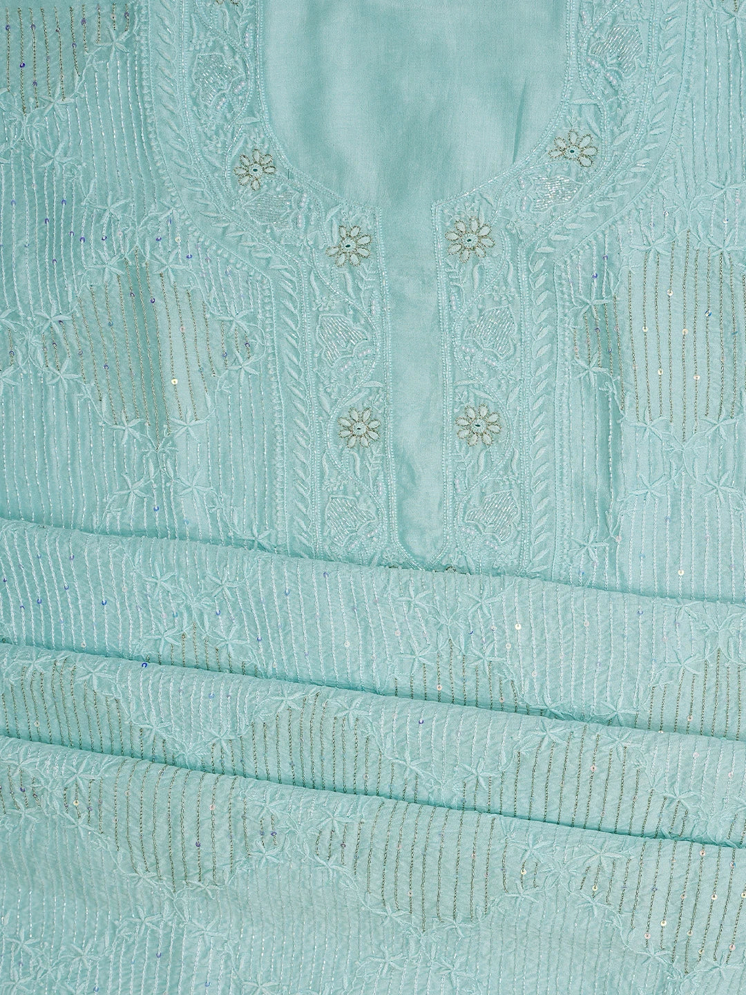 Ada Hand Embroidered Sky Blue Chanderi Lucknowi Chikankari Unstitched Kurta Dupatta Set With Cutdana Work 01A821897