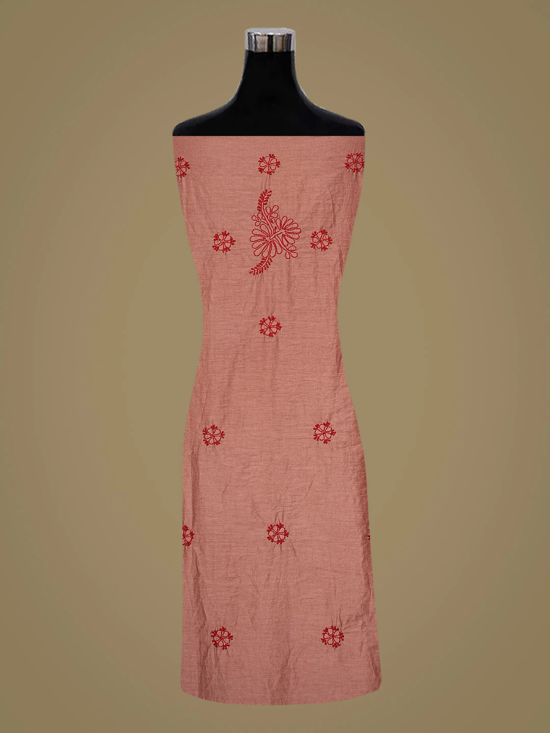 Ada Hand Embroidered Burnt Umber Brown Chanderi Lucknowi Chikankari Unstitched Kurta Dupatta Set 01A642267