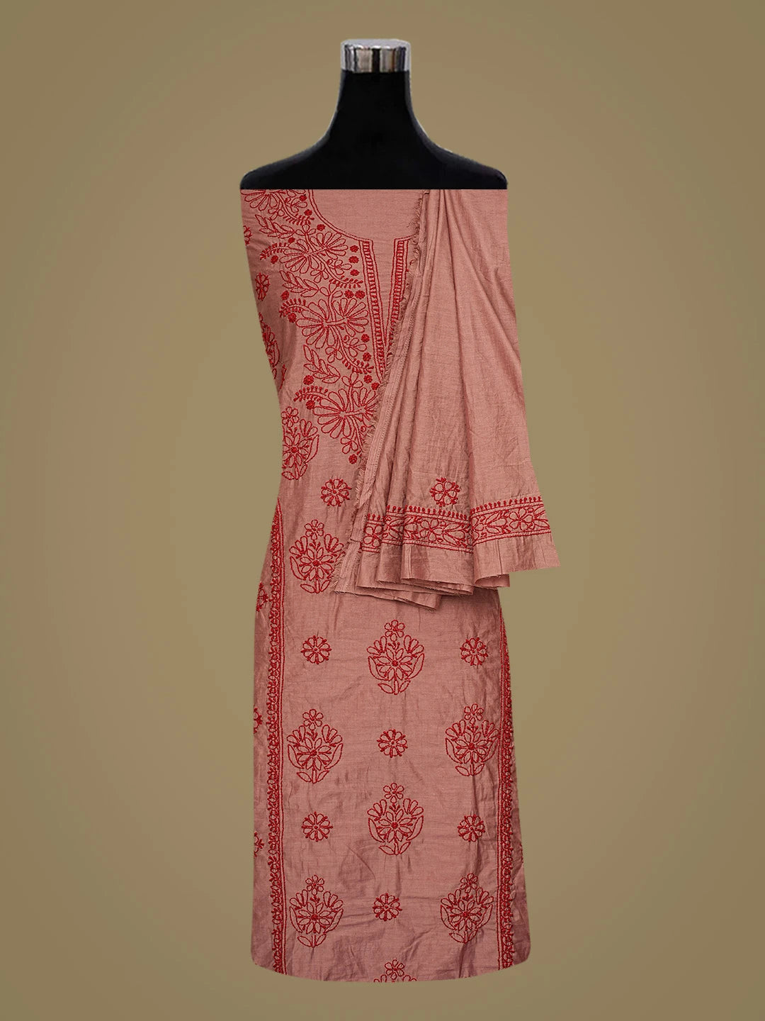 Ada Hand Embroidered Burnt Umber Brown Chanderi Lucknowi Chikankari Unstitched Kurta Dupatta Set 01A642267