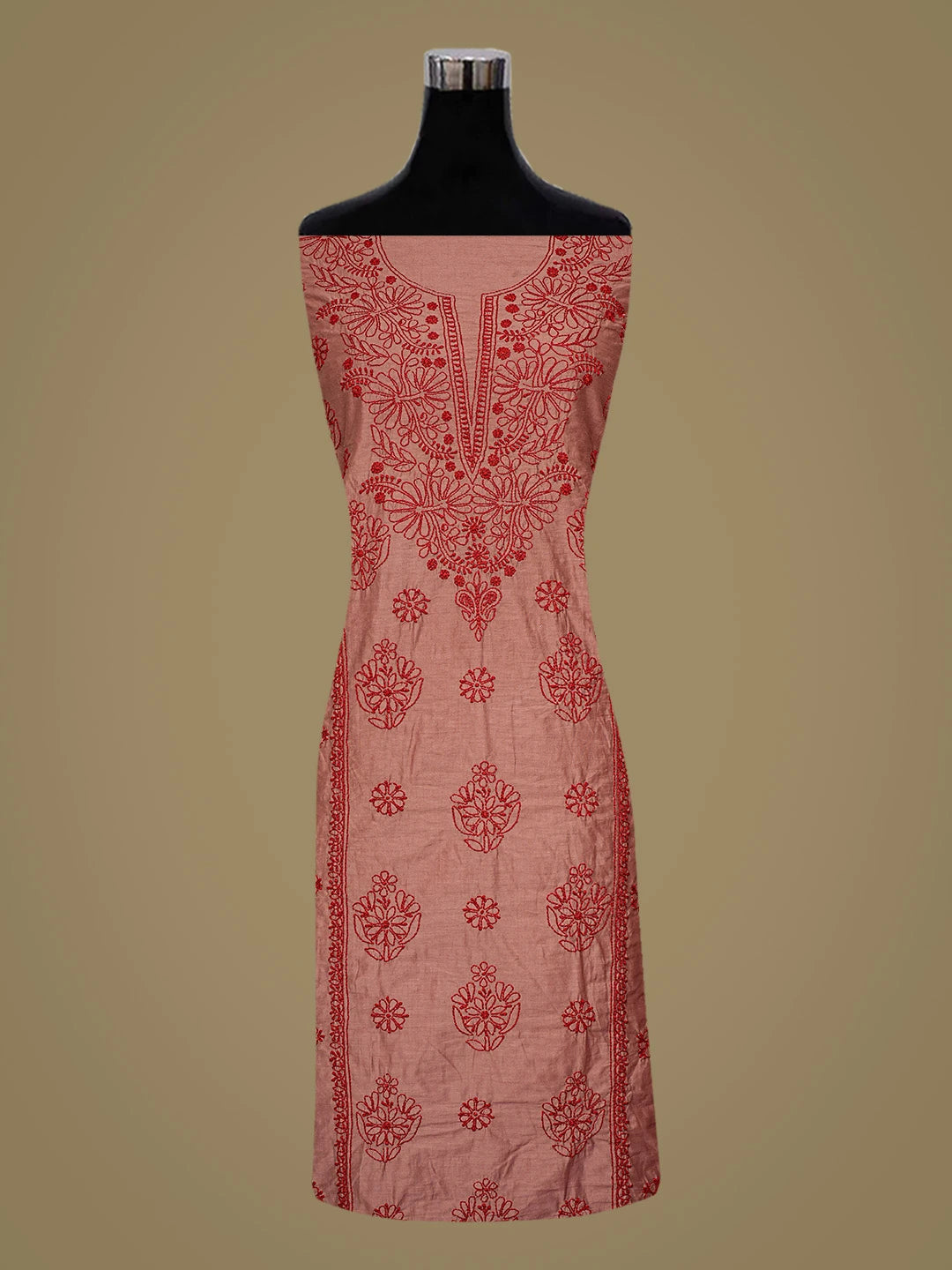 Ada Hand Embroidered Burnt Umber Brown Chanderi Lucknowi Chikankari Unstitched Kurta Dupatta Set 01A642267