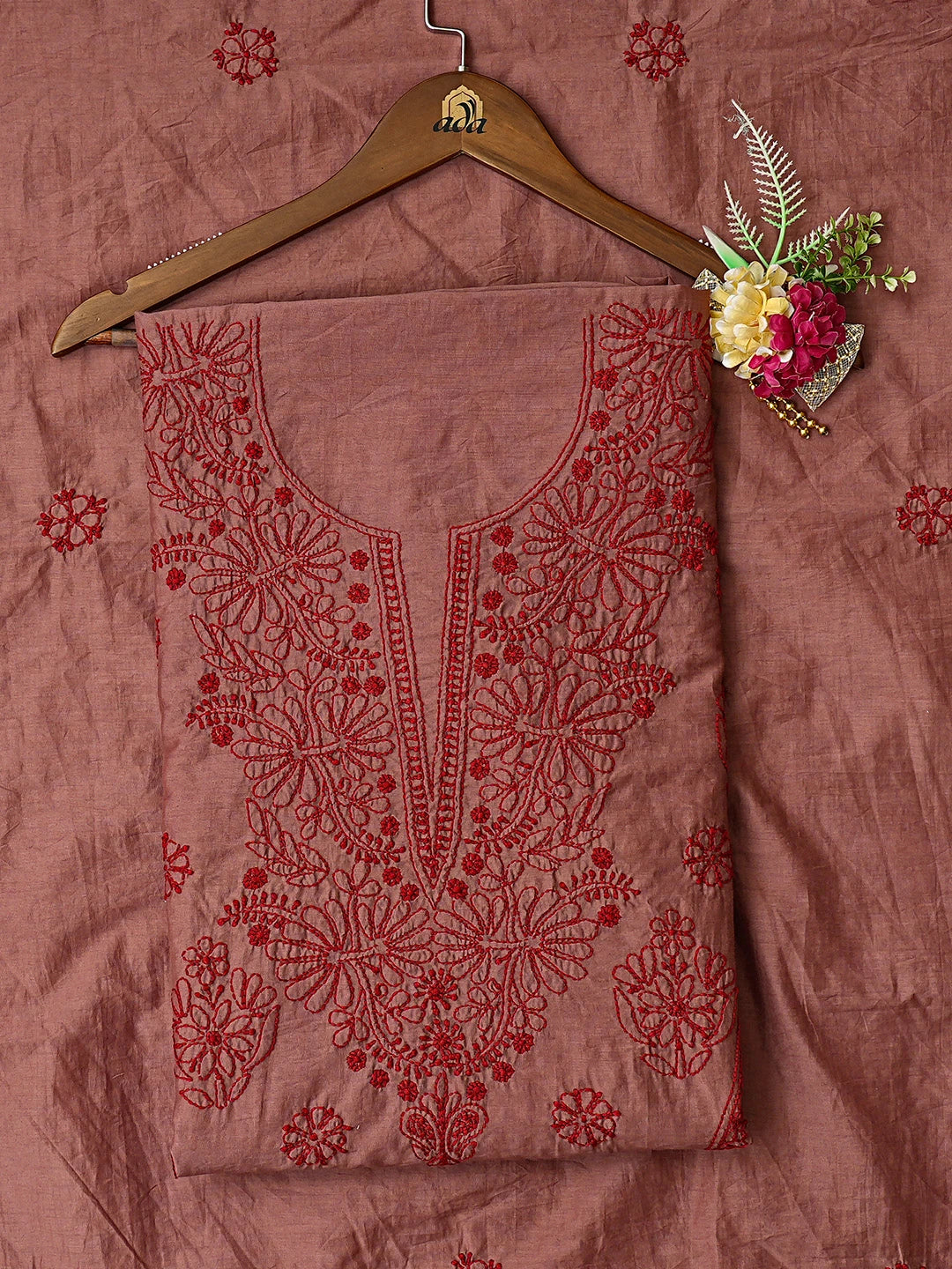Ada Hand Embroidered Burnt Umber Brown Chanderi Lucknowi Chikankari Unstitched Kurta Dupatta Set 01A642267
