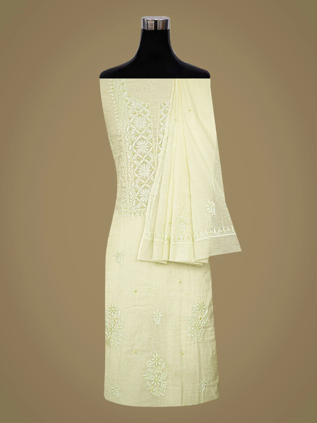Ada Hand Embroidered Pista Green Chanderi Lucknowi Chikankari Unstitched Kurta Dupatta Set With Cutdana Work 01A821894