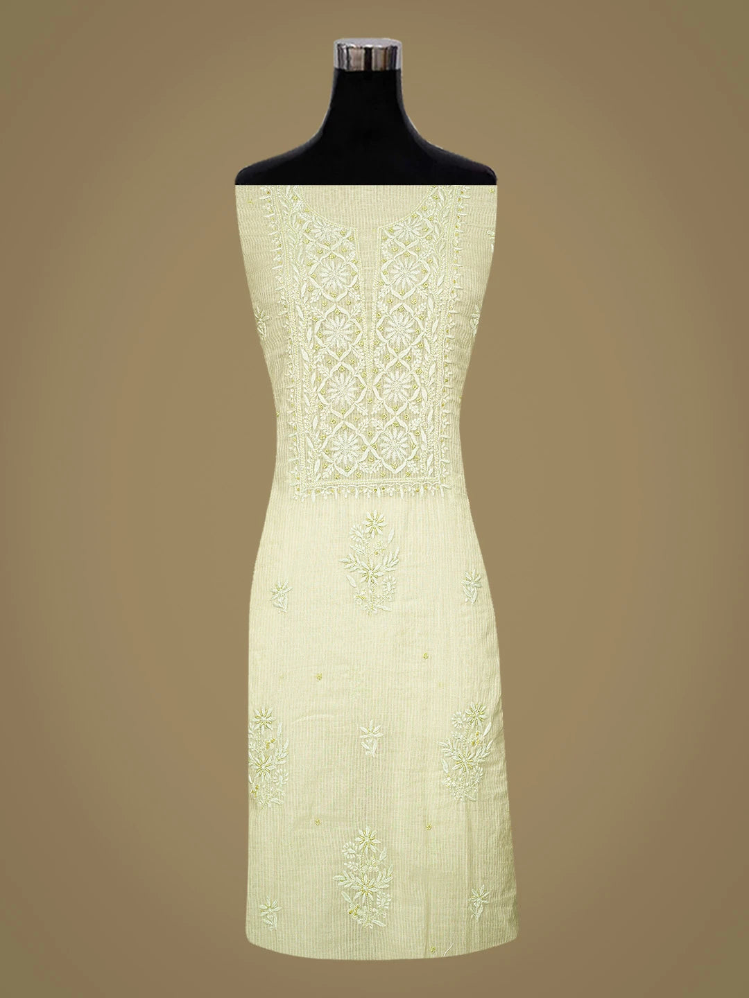 Ada Hand Embroidered Pista Green Chanderi Lucknowi Chikankari Unstitched Kurta Dupatta Set With Cutdana Work 01A821894