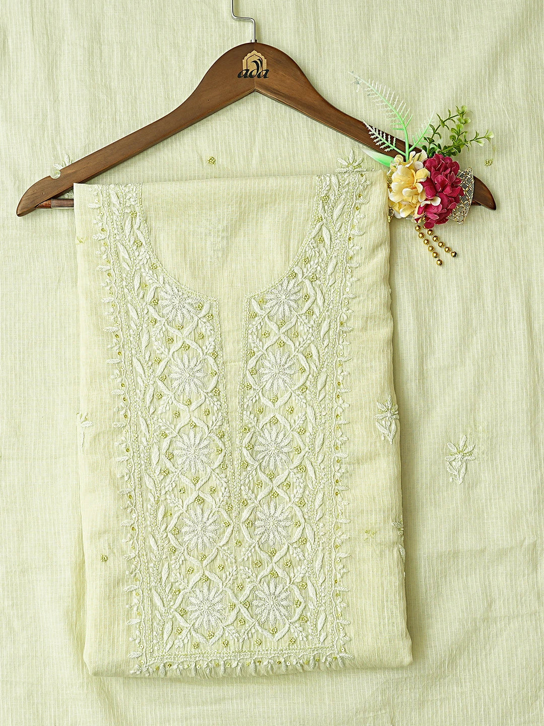 Ada Hand Embroidered Pista Green Chanderi Lucknowi Chikankari Unstitched Kurta Dupatta Set With Cutdana Work 01A821894