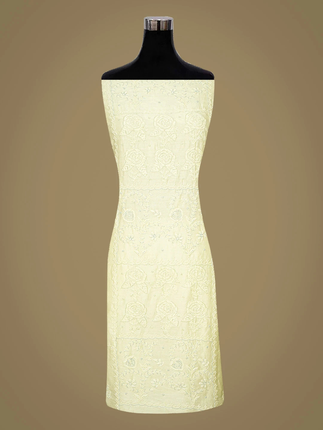 Ada Hand Embroidered Lemon Chanderi Lucknowi Chikankari Unstitched Kurta Dupatta Set With Cutdana Work 01A568106