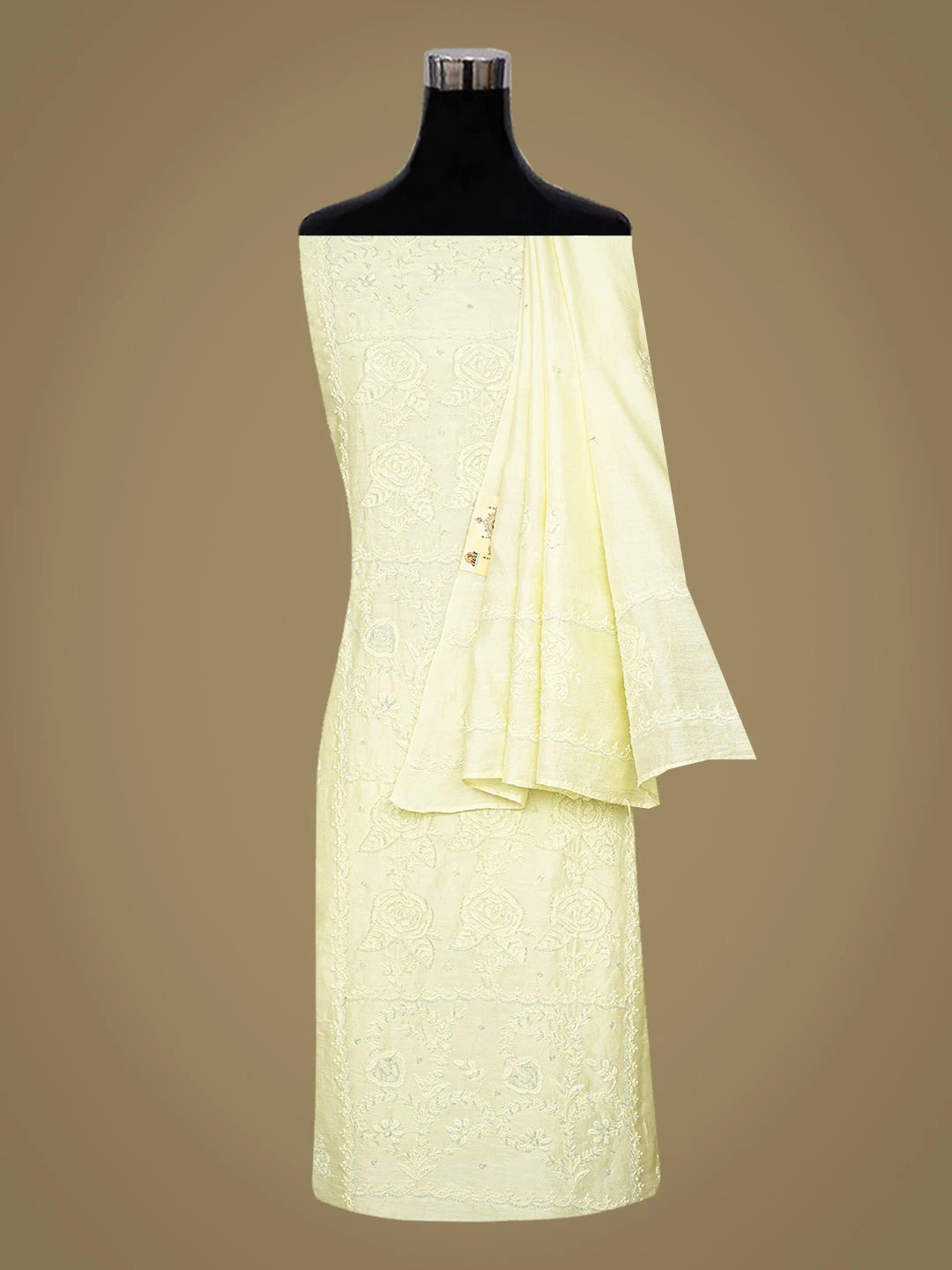 Ada Hand Embroidered Lemon Chanderi Lucknowi Chikankari Unstitched Kurta Dupatta Set With Cutdana Work 01A568106