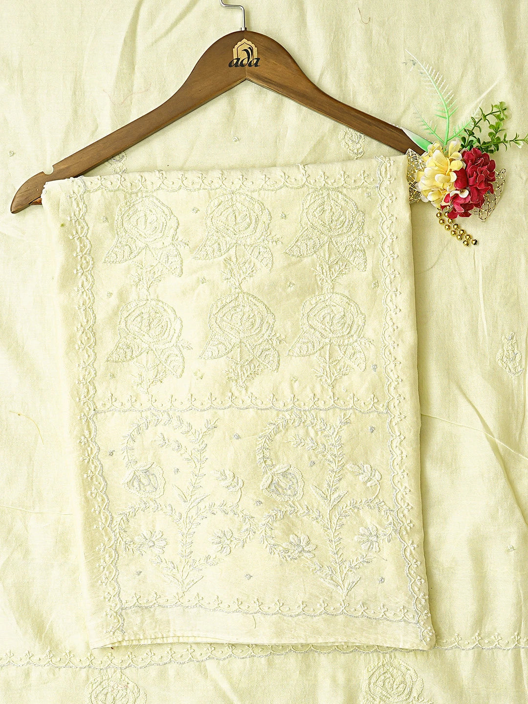 Ada Hand Embroidered Lemon Chanderi Lucknowi Chikankari Unstitched Kurta Dupatta Set With Cutdana Work 01A568106
