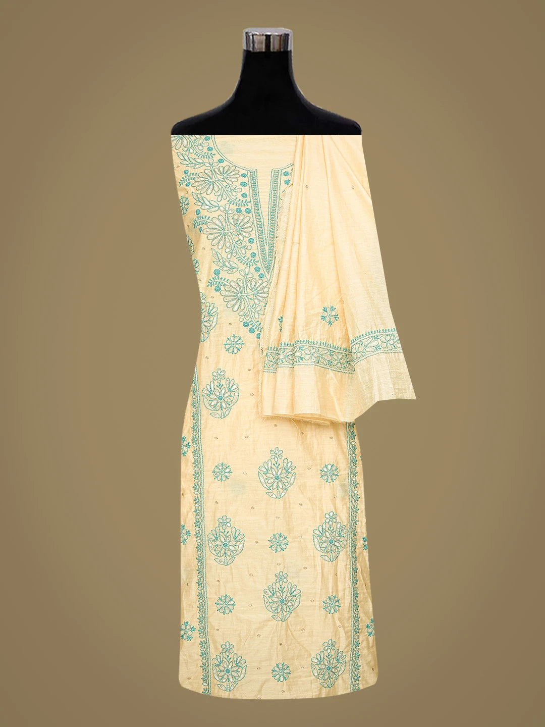 Ada Hand Embroidered Beige Chanderi Lucknowi Chikankari Unstitched Kurta Dupatta Set With Cutdana Work 01A642273
