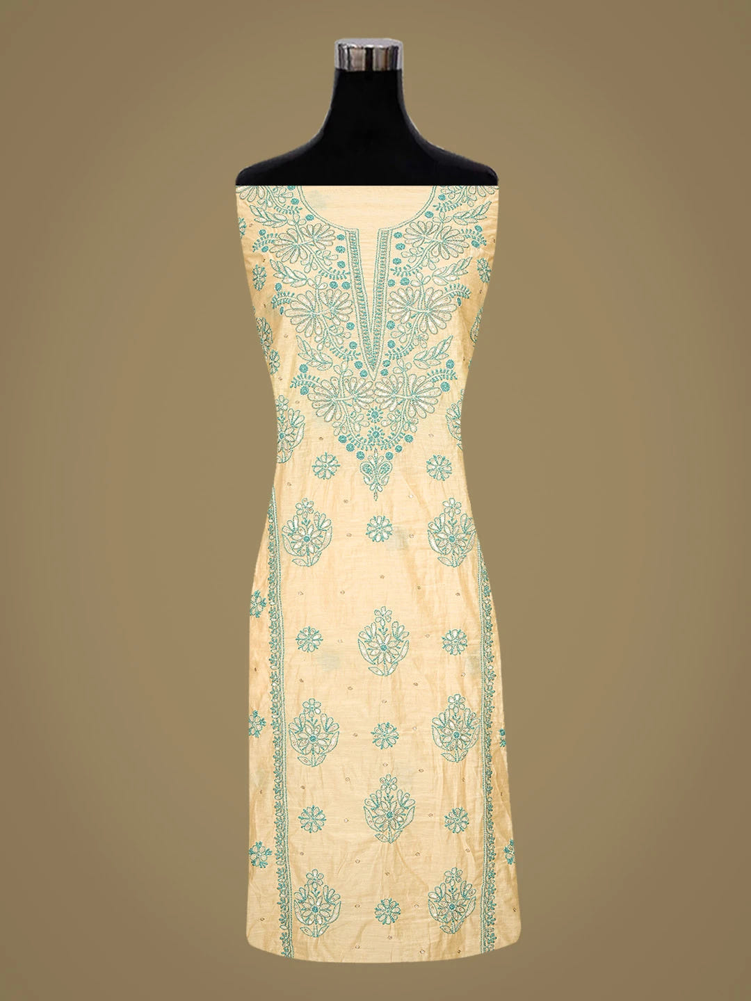 Ada Hand Embroidered Beige Chanderi Lucknowi Chikankari Unstitched Kurta Dupatta Set With Cutdana Work 01A642273