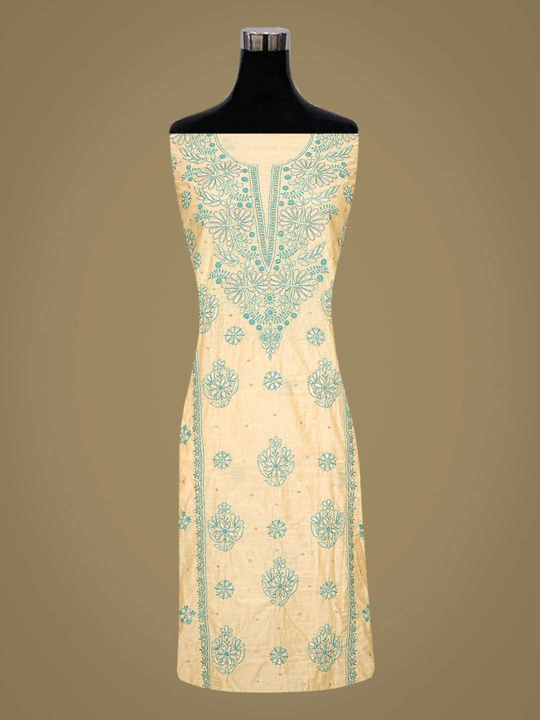 Ada Hand Embroidered Beige Chanderi Lucknowi Chikankari Unstitched Kurta Dupatta Set With Cutdana Work 01A642273