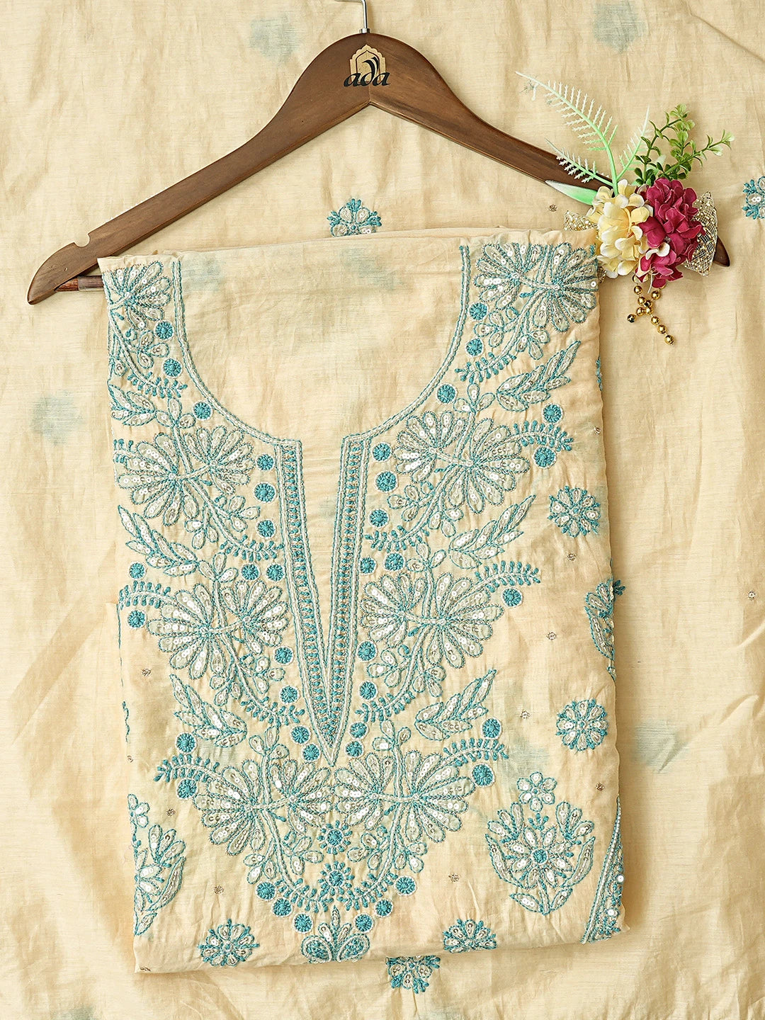 Ada Hand Embroidered Beige Chanderi Lucknowi Chikankari Unstitched Kurta Dupatta Set With Cutdana Work 01A642273