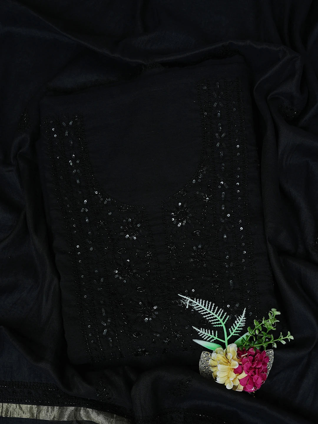 Ada Hand Embroidered Black Chanderi Lucknowi Chikankari Unstitched Kurta Dupatta Set With Cutdana Work 01A780341